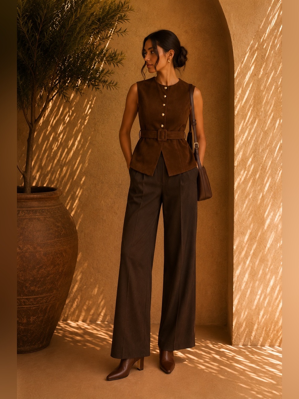 Commense Brown Suede Belted Vest XS | Western Chic Fall Vest